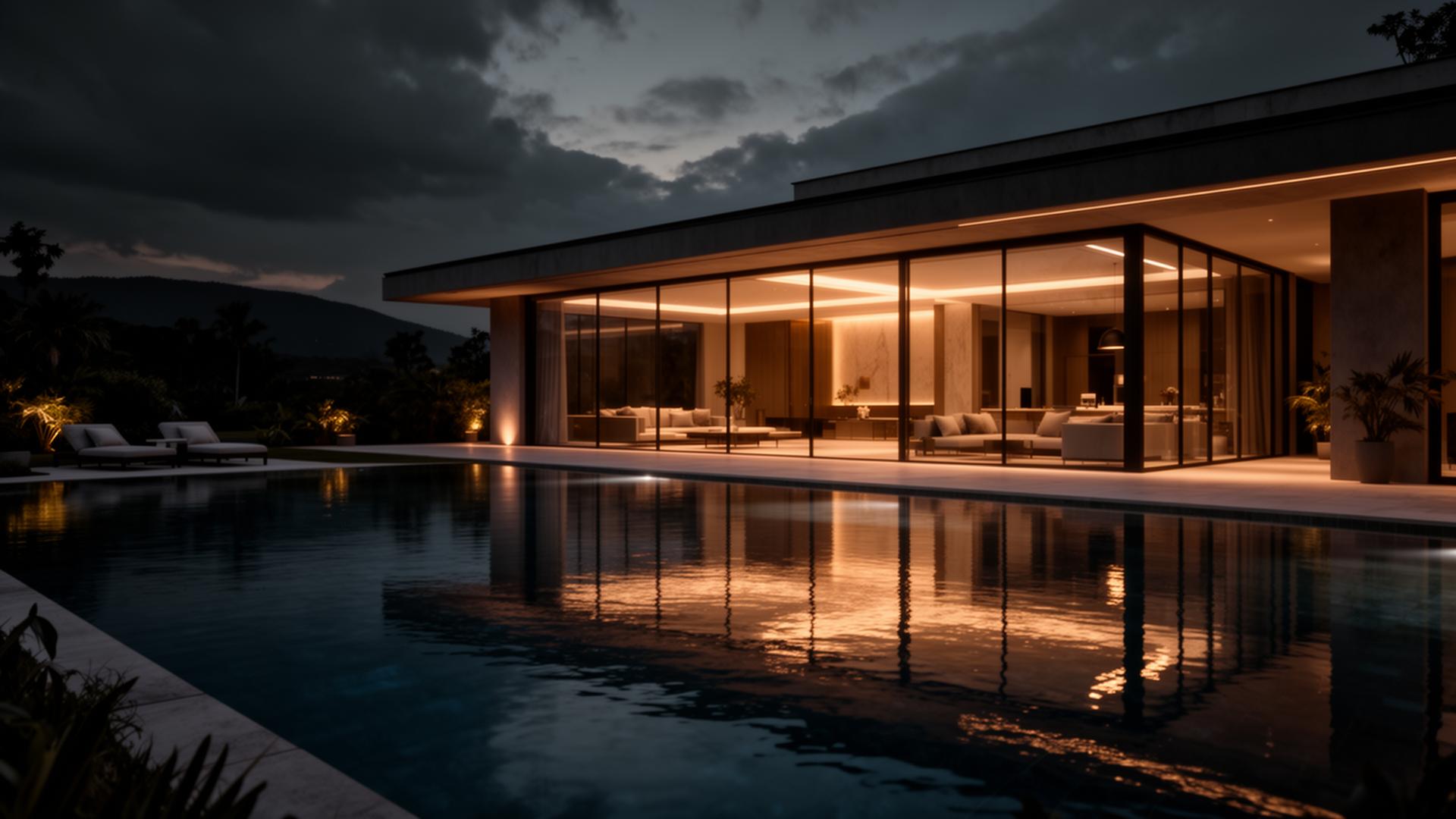 Luxury villa visualization at dusk